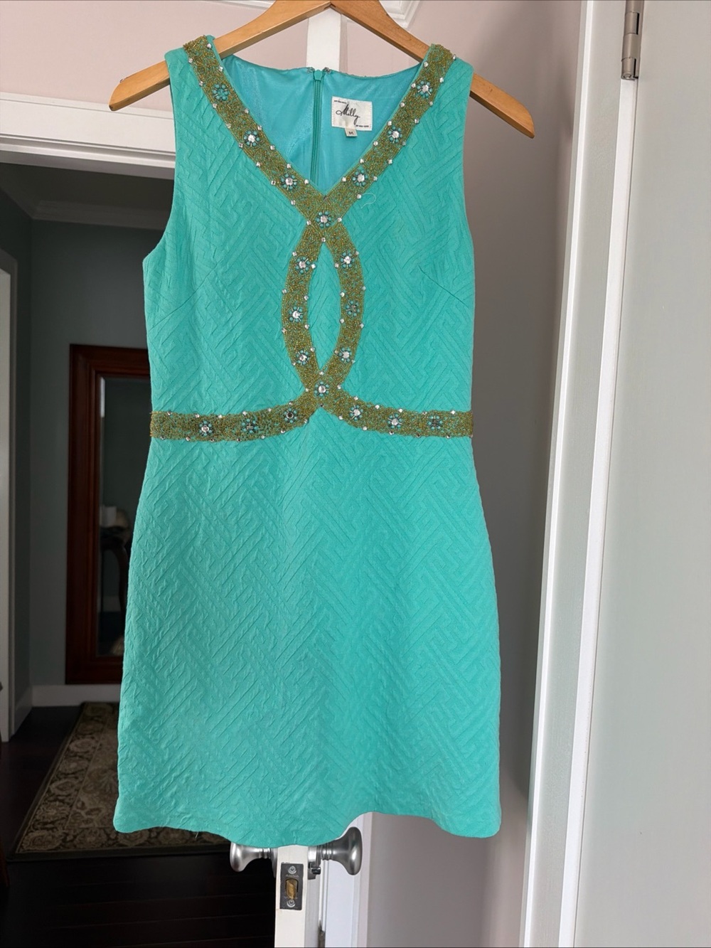 Milly Sleeveless Turquoise Embellished Sheath Dress M